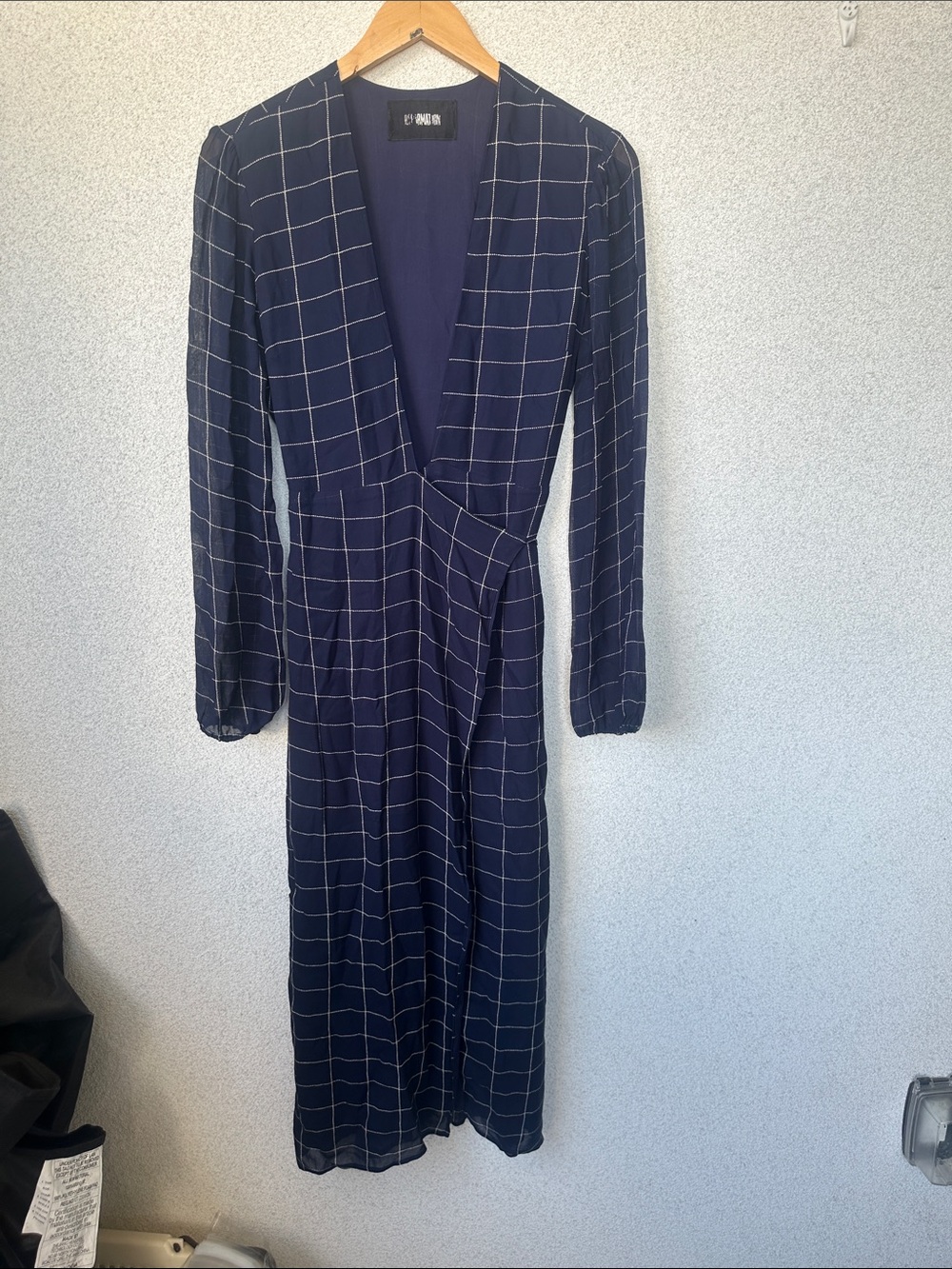 Reformation Viscose Wrap Midi Dress Navy Windowpane Print Size XS